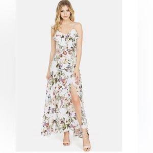 Lulus Bloom On Ivory Floral Print Maxi Dress Sleeveless Ruffle Cut Out Size S